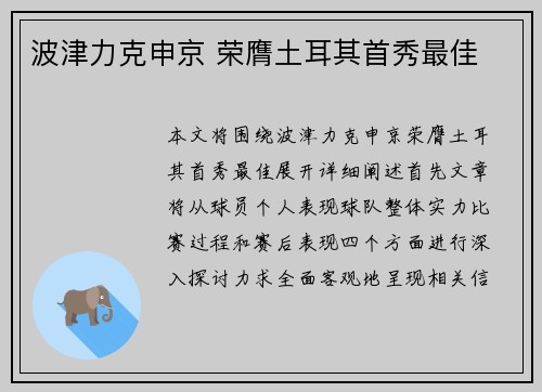 波津力克申京 荣膺土耳其首秀最佳